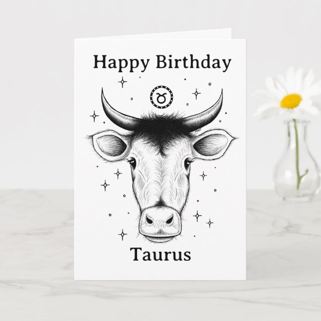 Happy Birthday Taurus Bull Hand-drawn Kort (Liten växt)