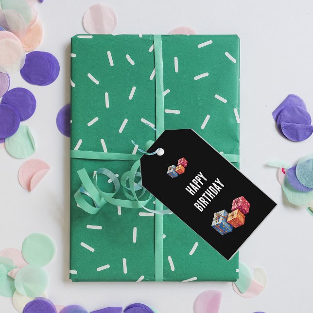  Happy Birthday text and gift boxes images black  Presentetikett (Skapare uppladdad)