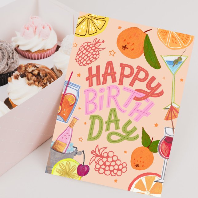 Happy Birthday Tropical Fruit and Cocktail Party Kort (Happy Birthday Tropical Fruit and Cocktail Party Card)