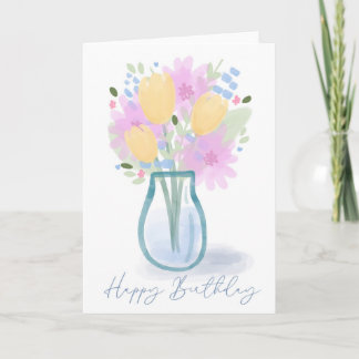 Happy Birthday Watercolor Floral Vase for Mom Kort