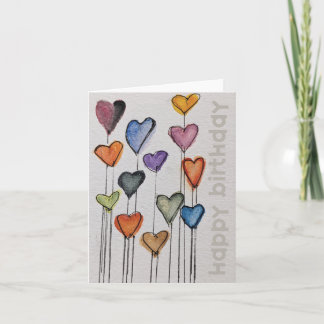 Happy Birthday Watercolor Hearts Card Kort