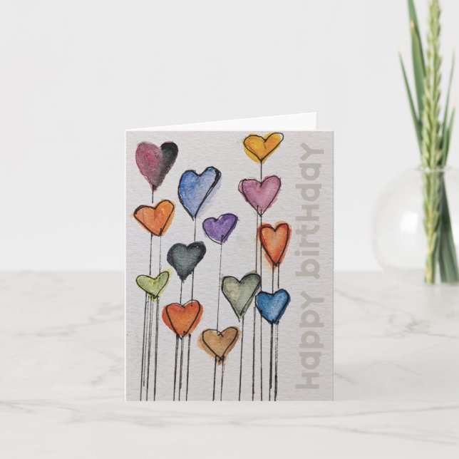 Happy Birthday Watercolor Hearts Card Kort (Framsida)