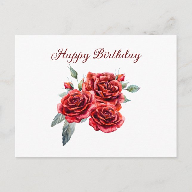 Happy Birthday Watercolor Red Roses  Vykort (Framsida)