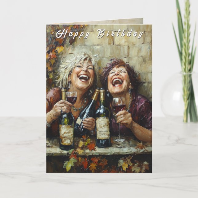 Happy Birthday Wine Bottles Funny Laughing Ladies  Kort (Framsida)