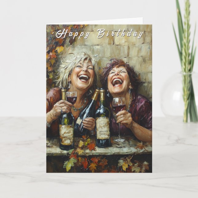 Happy Birthday Wine Bottles Funny Laughing Ladies  Kort (Framsida)