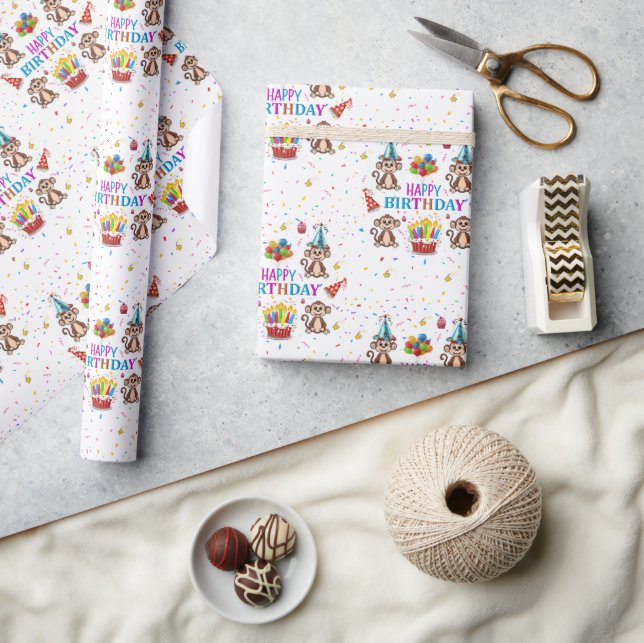 Happy Birthday Wrapping Paper Monkey Cupcake  Presentpapper (Hantverk)