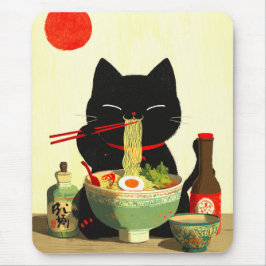 Happy Black Cat Eating Ramen | Japanese Ukiyo-e Musmatta