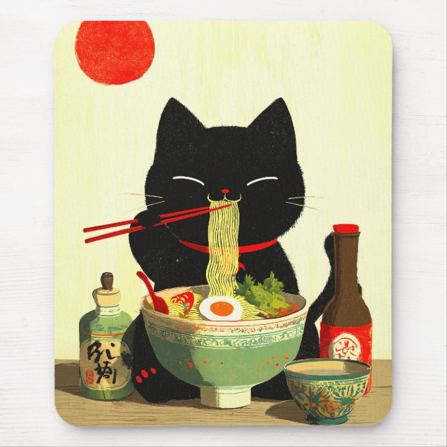 Happy Black Cat Eating Ramen | Japanese Ukiyo-e Musmatta (Framsidan)