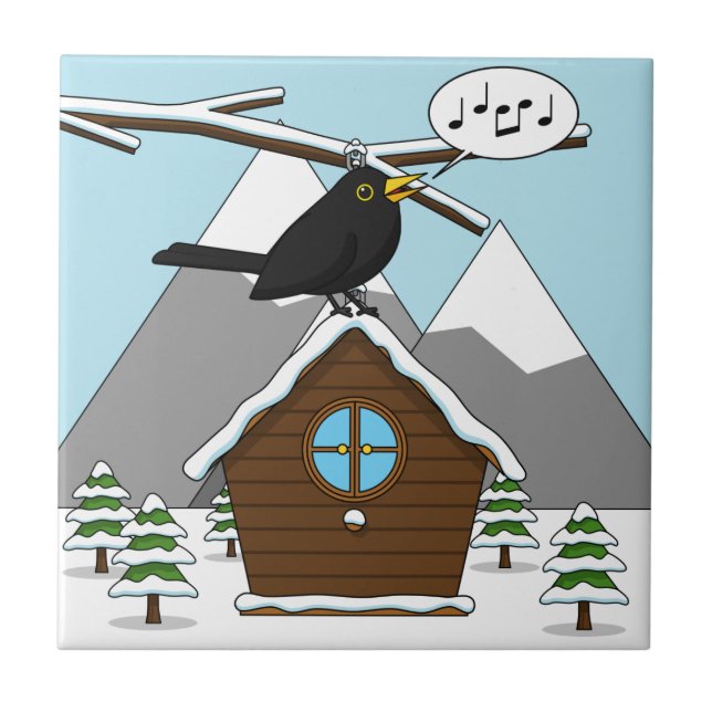 Happy Blackbird Singing in Winter Landscape Kakelplatta (Framsidan)
