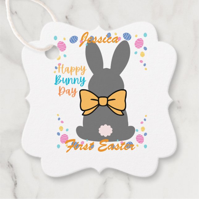 Happy bunny day personalized first easter gåvor etiketter (Framsida)