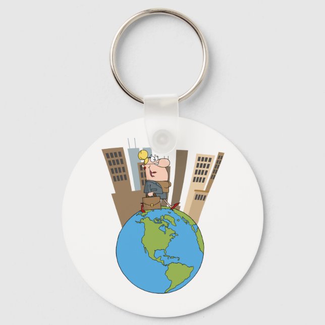 Happy Business Woman Walking Around Globe Nyckelring (Framsida)