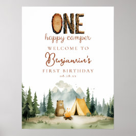 Happy Camper Bear 1st Birthday Welcome Sign Poster