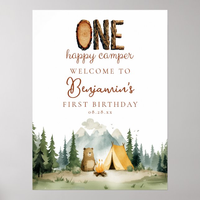 Happy Camper Bear 1st Birthday Welcome Sign Poster (Framsidan)