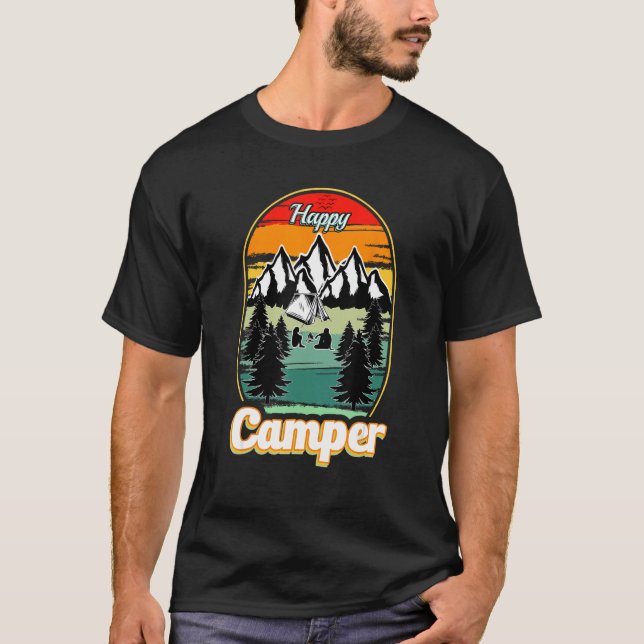 Happy Camper Camping  Men Women Retro 70s 80s T Shirt (Framsida)