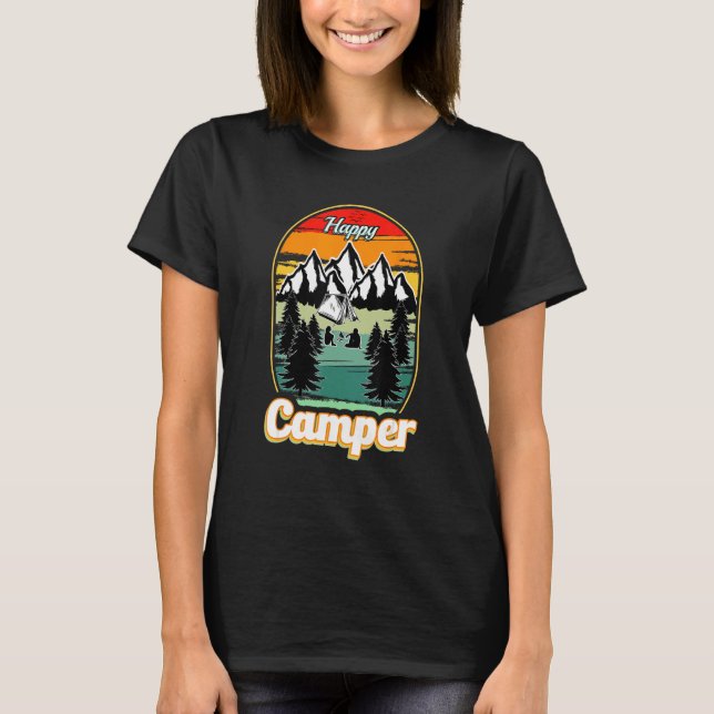 Happy Camper Camping  Men Women Retro 70s 80s T Shirt (Framsida)