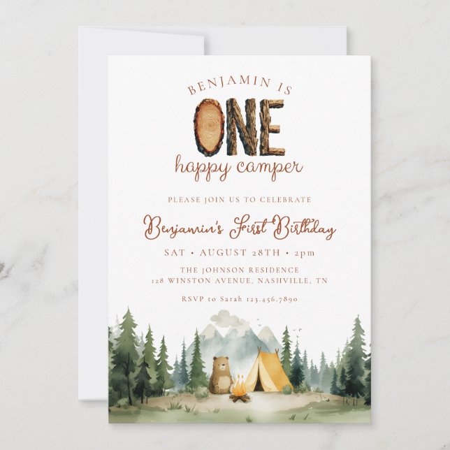 Happy Camper Forest Bear 1st Birthday Inbjudningar (Framsida)