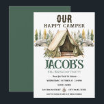 Happy Camper Kids 5-årsdag Inbjudningar<br><div class="desc">Rolig neutral camping tema födelsedagsfest för barn. Finns som digital nedladdning utskrivbar. Bra för alla säsonger. Låt oss bygga något roligt för din lilla på deras födelsedag! Anpassningsbar,  personlig,  redigerbar elektronisk nedladdning tält i akvarell,  träd,  skog,  kompass,  äventyret börjar,  glad campare</div>