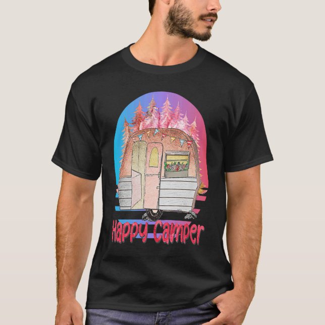 Happy Camper Retro Sunset with Teardrop Camper T Shirt (Framsida)
