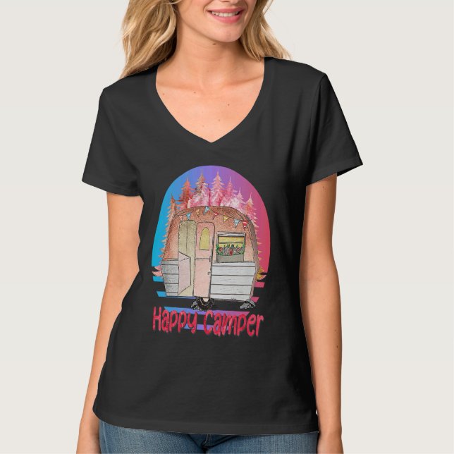 Happy Camper Retro Sunset with Teardrop Camper T Shirt (Framsida)