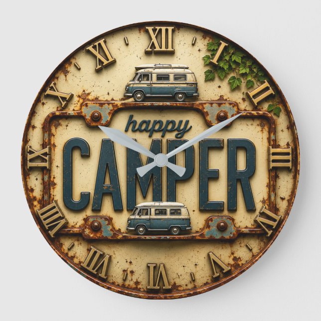 Happy Camper RV Adventure Gift Rustic Cabin Stor Klocka (Framsida)