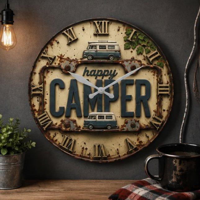 Happy Camper RV Adventure Gift Rustic Cabin Stor Klocka (Skapare uppladdad)