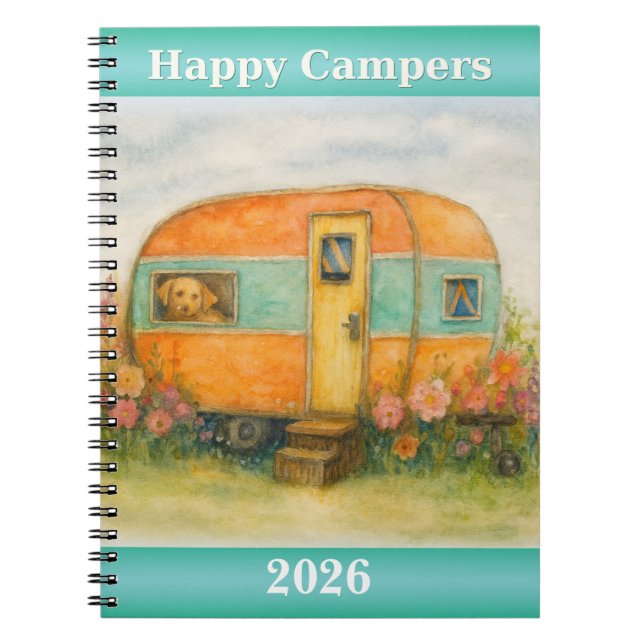 Happy Campers 2025 Spiral Notebook — Retro Caravan Anteckningsbok (Framsidan)
