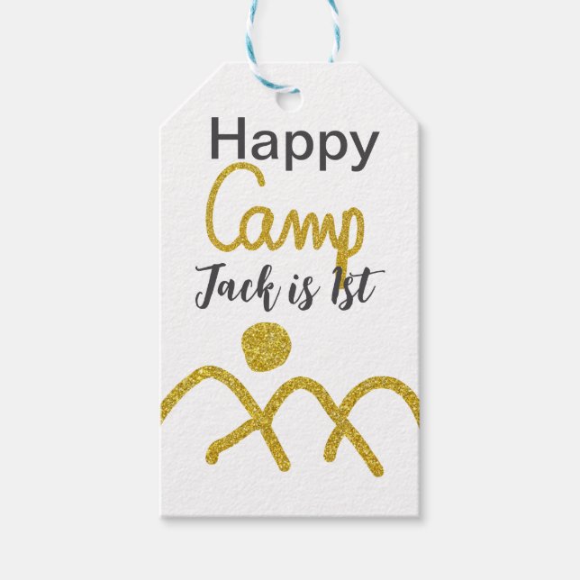 Happy camping camper one birthday kids golden sun presentetikett (Framsidan)