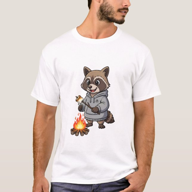 Happy Camping Raccoon in Hoodie Roasting T Shirt (Framsida)