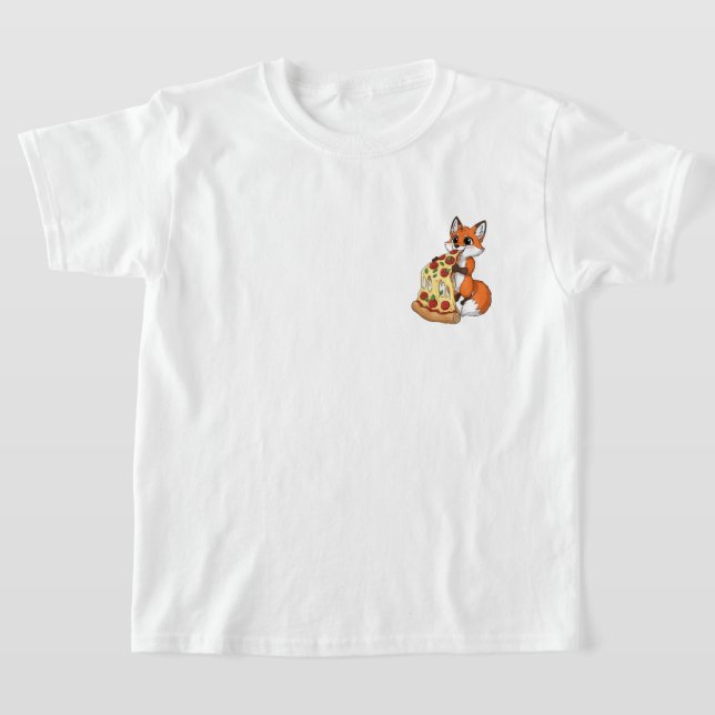 Happy Cartoon Fox Eating Giant Cheesy Pizza T Shirt (Laydown)