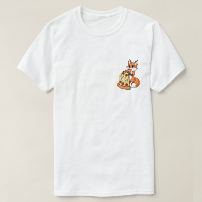 Happy Cartoon Fox Eating Giant Cheesy Pizza T Shirt (Design framsida)