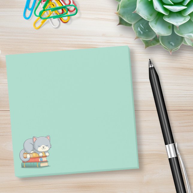 Happy Cat on top of a Book Stack Green Post-it Block (Skapare uppladdad)