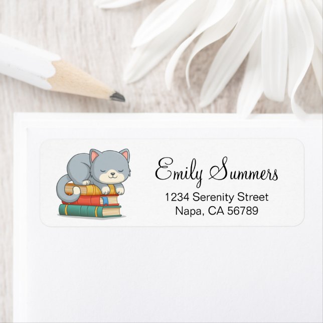 Happy Cat on top of a Book Stack Returadress Etikett (Insitu)