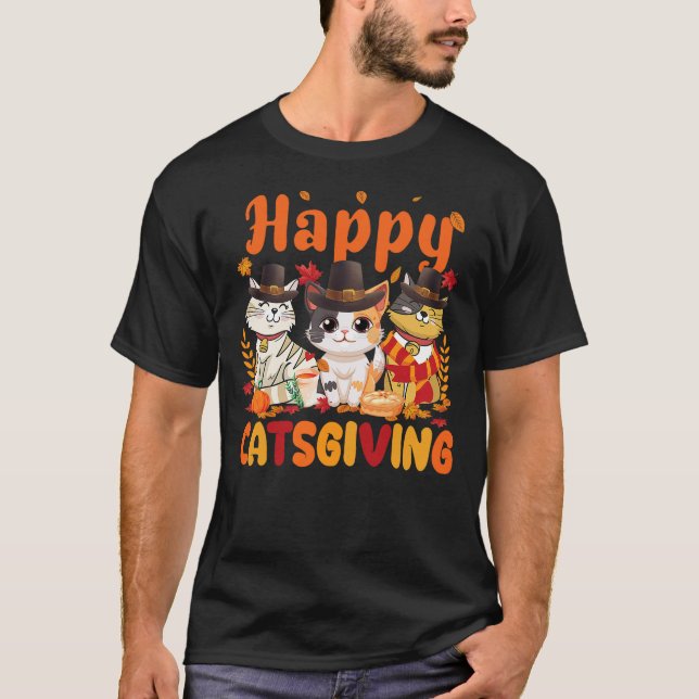 Happy Catsgiving Cat Lover Pilgrim Hat Happy Thank T Shirt (Framsida)