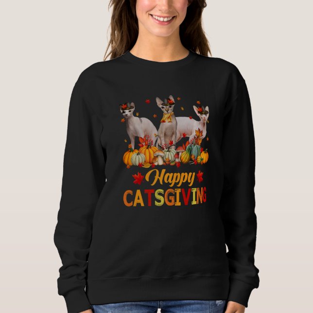 Happy Catsgiving Sphynx Cat Autumn Fall Vibes Than T Shirt (Framsida)