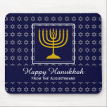 HAPPY CHANUKAH Love Joy Peace BLUE Hebrew Musmatta<br><div class="desc">Colorful festive MOUSEPAD with faux silver Star of David in subtle background pattern. A gold colored menorah is inside a square box in the middle. There is customizable placeholder text which says HAPPY HANUKKAH in white typography. This text can be personalized so you can change the greeting (eg. Happy Chanukah)...</div>