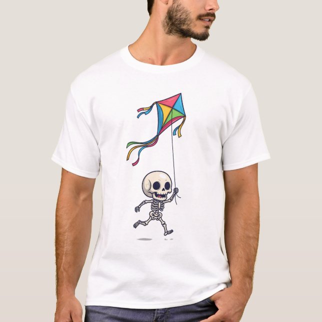 Happy Chibi Skeleton Running with Colorful Kite T Shirt (Framsida)