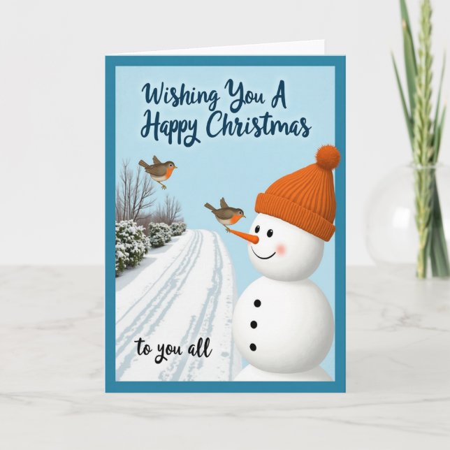 Happy Christmas Card Snowman Bird Winter Scene Kort (Framsida)