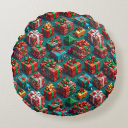 Happy Christmas wrapped gifts 10 - Round Pillow Rund Kudde