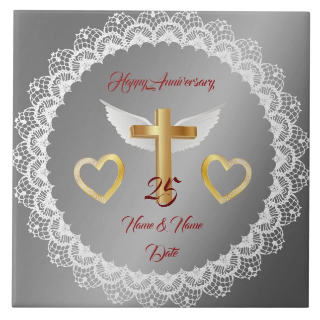 Happy Customize Silver Lace Anniversary Kakelplatta (Framsidan)