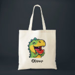 Happy Dinosaur Eating Watermelon Tygkasse<br><div class="desc">This adorable personalized kids' tote bag features a joyful green dinosaur taking a big bite out of a juicy watermelon slice,  capturing the perfect spirit of a sunny afternoon.</div>