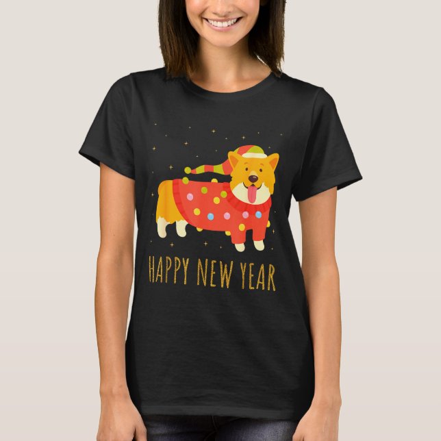 Happy Dog Corgi Celebrating New Year Cozy Christma T Shirt (Framsida)