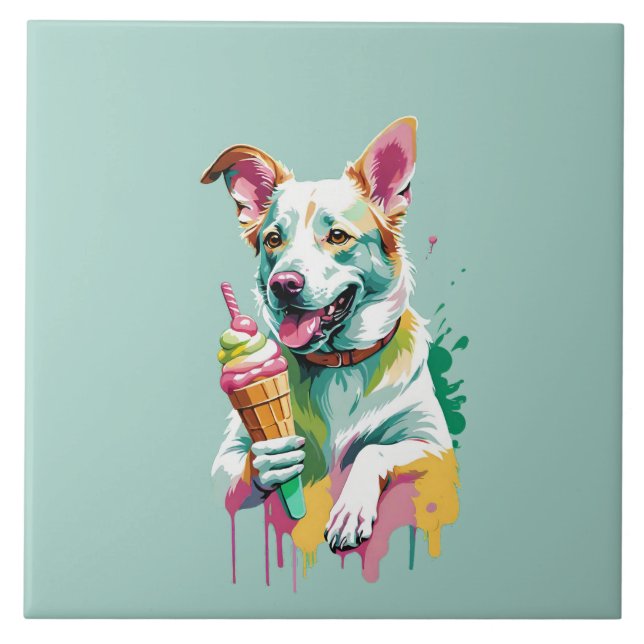 Happy Dog eating an ice-cream Kakelplatta (Framsidan)