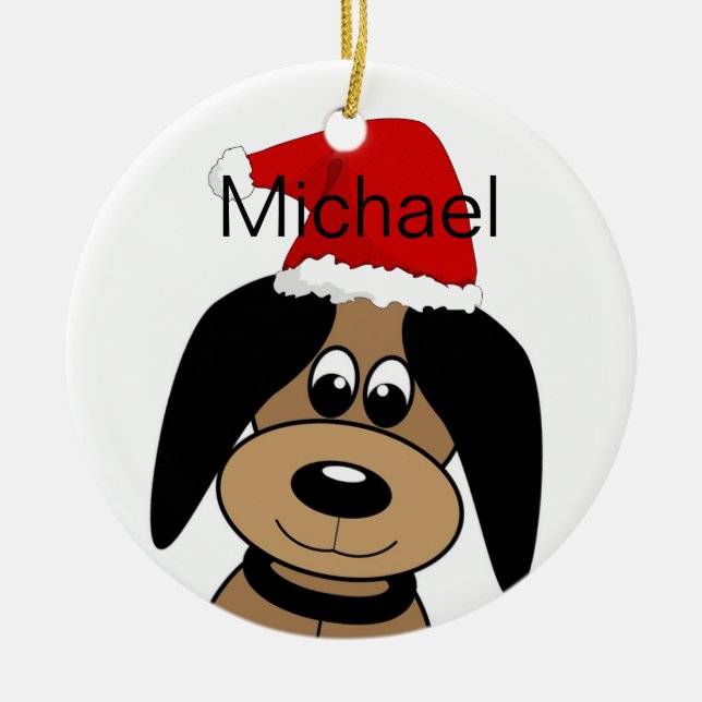 Happy Dog in Santa Hat Personalised Julgransprydnad Keramik (Framsidan)