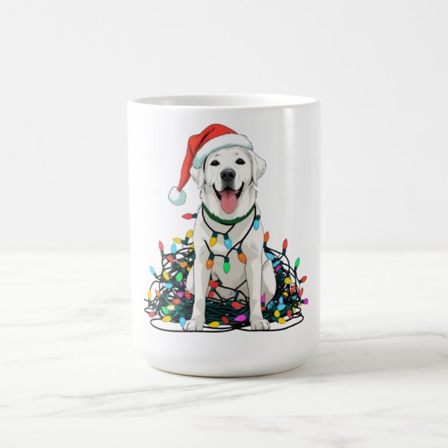 Happy Dog Tangled in Christmas Lights T-Shirt Kaffemugg (Center)