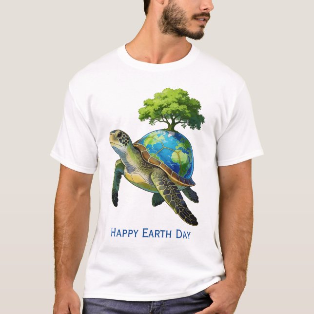 Happy Earth Day Turtle Planet and Tree T Shirt (Framsida)