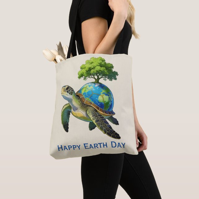 Happy Earth Day Turtle Planet and Tree Tygkasse (Närbild)