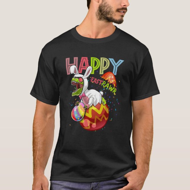 Happy East Rawr Bunny Dinosaur with Easter Eggs fo T Shirt (Framsida)