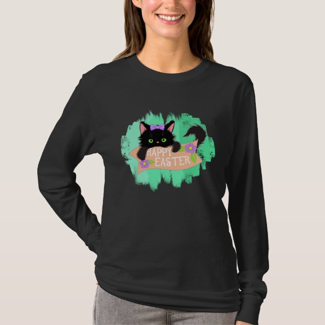 Happy Easter Black Kitty T Shirt (Framsida)
