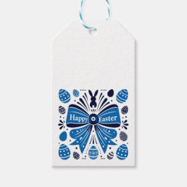 Happy Easter Blue Bow Folk Art Bunny & Eggs Spring Presentetikett