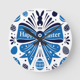 Happy Easter Blue Bow Folk Art Bunny & Eggs Spring Rund Klocka